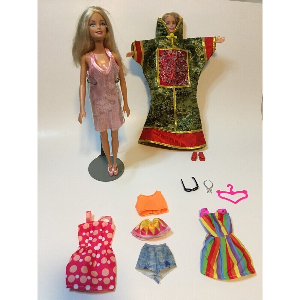 VTG Barbie Collectibles  2 Dolls 1 Doll Stand 12pc clothing accessories Lot G